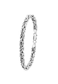 Silver metal bracelet featuring intricate, woven links with a smooth, shiny texture and a secure clasp closure.