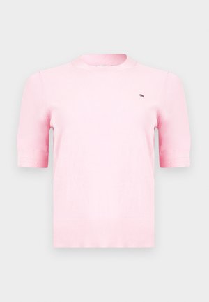 Hellrosa kurzärmeliges Strickoberteil mit geripptem Rundhalsausschnitt und Bündchen, mit kleinem gesticktem Logo auf der oberen linken Brust.