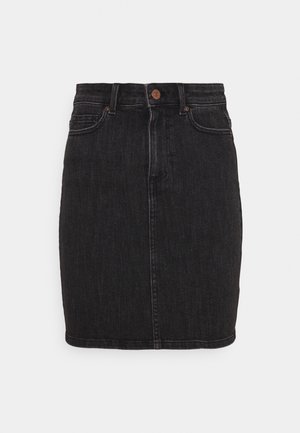 Sort denim mininederdel med knapper og lynlås foran, bæltestropper og forlommer, lige pasform.