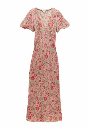 Lyserød blomstrede slå-om-kjole med korte pufærmer og V-udskæring, med røde og grønne blomsterprint over hele stoffet.