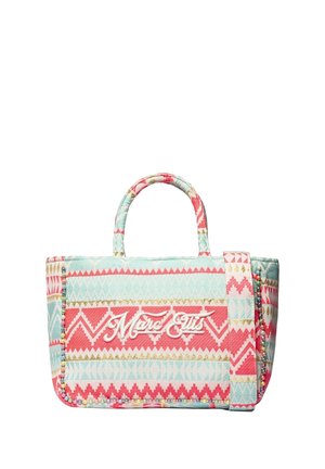 Borsa tote trapuntata con motivi geometrici in rosa, azzurro chiaro e oro, con logo "Marc Ellis" e decorata con piccole perline colorate.