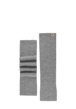 Pair of gray knitted leg warmers, one fully extended and the other scrunched, on white background with a small brand tag.