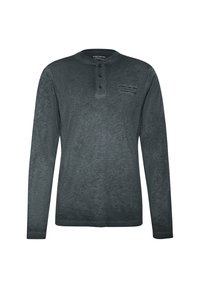 Dunkelgraues Langarm-Henley-Shirt aus weichem Stoff. Verfügt über einen geknöpften Kragen und ein kleines Logo auf der linken Brust.