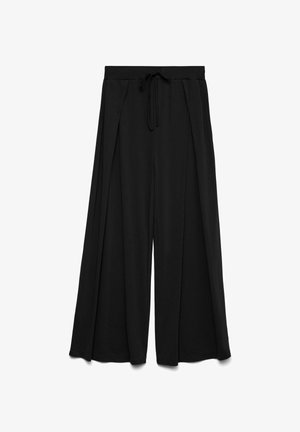 Pantaloni neri a gamba larga realizzati in tessuto morbido, con una vita regolabile e un design plissettato che aggiunge volume e movimento.