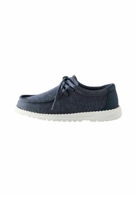 Lässige Denim-Schuhe mit einem oberen Teil in Marineblau, runder Zehenpartie und weißer Gummisohle. Verfügt über ein Schnürdesign und eine strukturierte Stoffoberfläche.