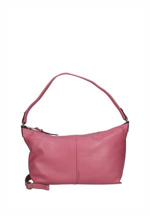 Weiche rosa Leder-Umhängetasche mit verstellbarem Riemen und Reißverschluss, minimalen Nähten und kleinem, mittig platziertem Markentext.