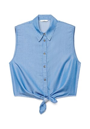Top senza maniche azzurro chiaro con bottoni, collo e nodo frontale all'orlo, realizzato in morbido tessuto denim.