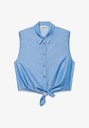 Top senza maniche azzurro chiaro con bottoni, collo e nodo frontale all'orlo, realizzato in morbido tessuto denim.