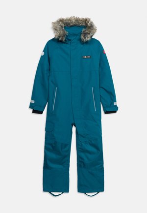 Παιδικό ενιαίο τζελ κοστουμιού για χιόνι με κουκούλα με γούνα, φερμουάρ μπροστά, πλαϊνές τσέπες και ρυθμιζόμενους ιμάντες στα τελειώματα των ποδιών.