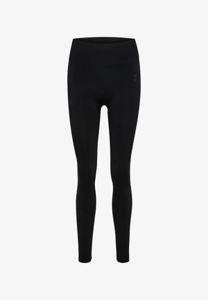Schwarze Leggings mit hohem Bund, figurbetontem Schnitt und glatter Textur, mit einem dezenten Logodetail nahe dem Bund.