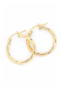 Kullavärvi rõngakujulised kõrvarõngad, millel on keerutatud disain, sile ja läikiv pind ning hingedega kinnitused kindlaks kandmiseks.