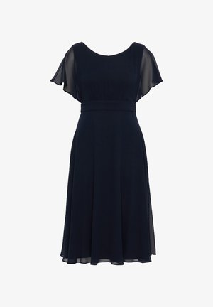 Marineblauwe jurk van lichtgewicht stof, met korte vlindermouwen, een tailleband en een uitlopende rok voor gemak in beweging.