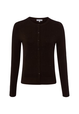 Schwarzer langärmliger Cardigan mit Knöpfen, kleinen dezenten Punkten, rundem Ausschnitt sowie gerippten Bündchen und Saum.