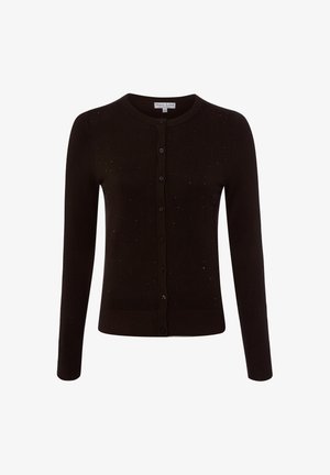 Schwarzer langärmliger Cardigan mit Knöpfen, kleinen dezenten Punkten, rundem Ausschnitt sowie gerippten Bündchen und Saum.
