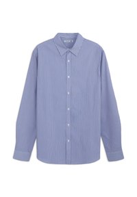 Camicia button-up azzurro chiaro con strisce bianche verticali, maniche lunghe e colletto classico. Realizzata in tessuto morbido con una finitura lucida.
