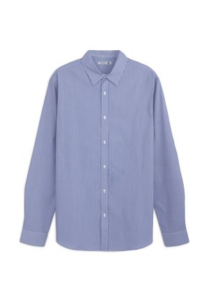 Camicia button-up azzurro chiaro con strisce bianche verticali, maniche lunghe e colletto classico. Realizzata in tessuto morbido con una finitura lucida.