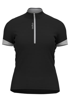 Haut noir à manches courtes avec un col haut, fermeture éclair sur le devant, texture en mesh et accents gris sur les manches. Présente le logo "Odlo" en argent.