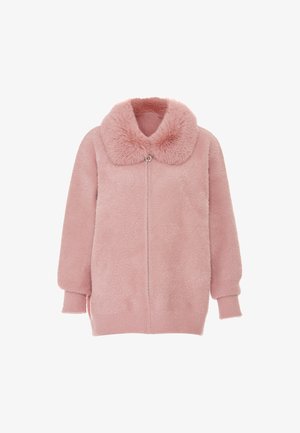 Jachetă din blană roz, cu un guler mare, mâneci lungi și închidere cu fermoar în față. Textură moale și design confortabil, cu o ușoară strălucire.