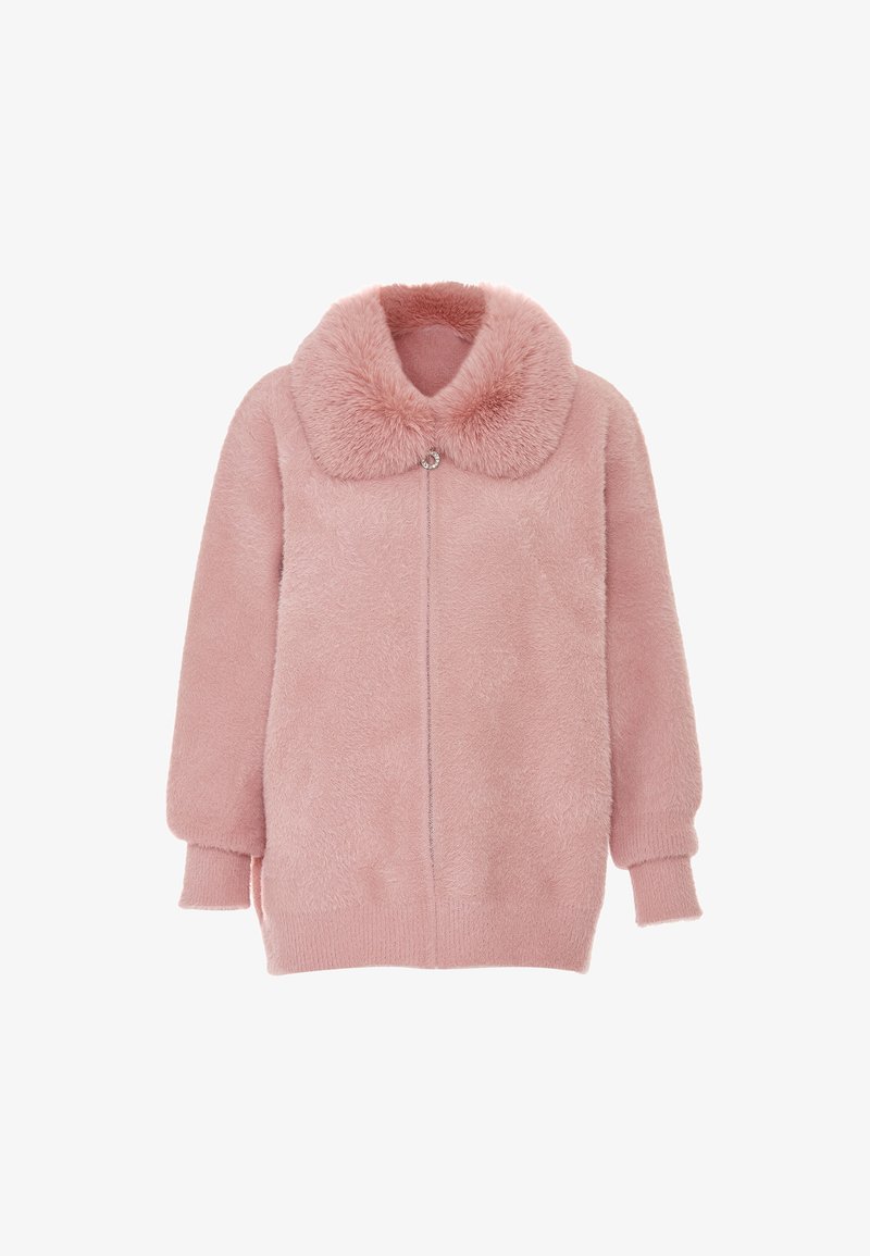 Rózsaszín szőrme dzseki nagy gallérral, hosszú ujjal és elöl cipzárral. Puha tapintású és kényelmes kialakítás, diszkrét fényű.