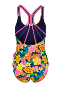 Maillot de bain une pièce avec un motif floral aux couleurs vives. Le matériau est un tissu extensible avec un design à col haut et des bretelles croisées.