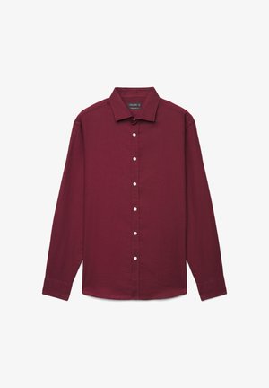Long-sleeve burgundy button-up shirt with a collar and white buttons, displayed flat on a white background.