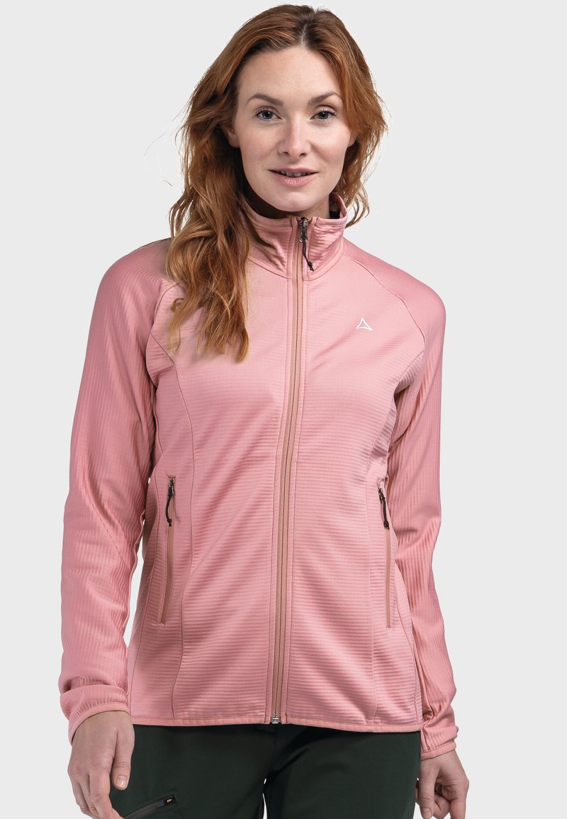 Helle pinke Zip-Jacke aus strukturiertem Stoff, mit hohem Kragen und zwei seitlichen Taschen. Verfügt über ein kleines Logo im Brustbereich.