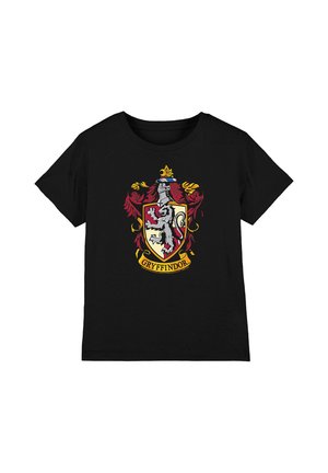 Black t-shirt with the Gryffindor house crest showing a lion, red and gold shield, and decorative elements.