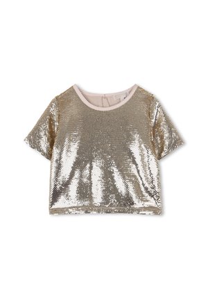 Top court à manches courtes en sequins dorés avec encolure ronde et finition beige sur fond blanc.