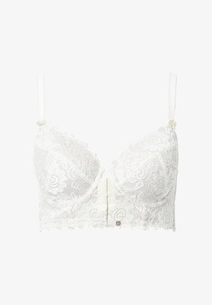 Weiße Spitzen-Bralette mit gewellten Kanten, floralen Mustern, verstellbaren Trägern und einem Mittelverschluss. Verfügt über ein kleines dekoratives Knopfdetail.