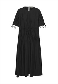 Robe midi noire avec manches courtes froncées nouées en nœuds, taille froncée avec cordon, col rond et jupe ample et fluide.