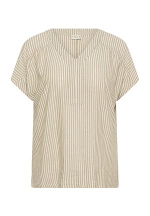 Bluză cu mâneci scurte, cu dungi verticale bej și albe, decolteu în formă de V și croială lejeră.
