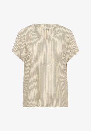 Bluză cu mâneci scurte, cu dungi verticale bej și albe, decolteu în formă de V și croială lejeră.