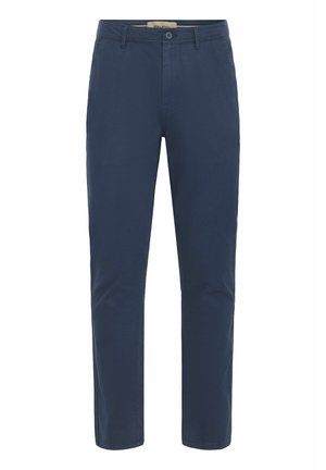 Chinos de algodón azul marino con un diseño de pierna recta, bolsillos frontales, pasadores para cinturón y cierre de cremallera. Presentan una textura suave.