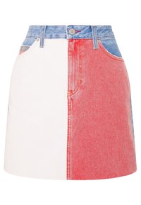 Denim minirok met een color-block ontwerp in wit, rood en blauw. Voorzien van zakken, een knoopsluiting en rafelige randen.
