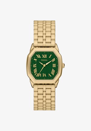 Montre-bracelet en métal doré avec cadran vert, chiffres romains dorés, trois aiguilles dorées et logo Fossil, avec un bracelet à maillons.