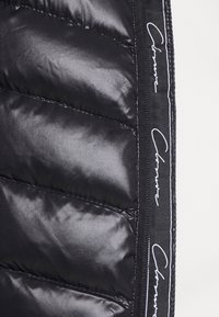 Schwarze Steppjacke mit gesteppten Abschnitten, glänzendem Stoff und einem kontrastierenden Logolabel entlang der Reißverschlusskante. Glatte Textur mit minimalen Details.