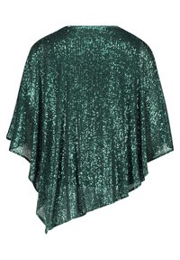 Sciarpa verde con paillettes, dal taglio morbido, dotata di un orlo asimmetrico e di una superficie liscia e riflettente su tutta la stoffa.