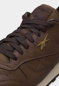 Καφέ δερμάτινο αθλητικό παπούτσι με σκουρόκαφέ κορδόνια, χρυσό λογότυπο Reebok στο πλάι και ραφές λεπτομέρειας στο δάχτυλο και το πάνω μέρος.