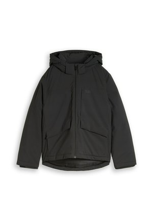 Giacca invernale nera con cappuccio, chiusura frontale con cerniera e due grandi tasche inclinate, mostrata stesa su sfondo bianco.
