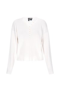 Maglione bianco a coste, lavorato a maglia, con maniche lunghe, scollo a V e dettaglio con bottoni sul petto. Tessuto morbido, design cropped e senza motivi visibili.