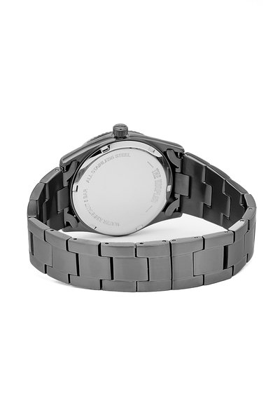 Reloj de acero inoxidable gris con pulsera de eslabones y caja redonda. La parte posterior es lisa con texto grabado y una corona en el lateral.