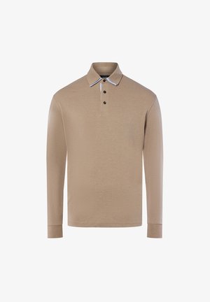Beige Langarm-Polohemd aus weichem Stoff. Hat einen Kragen mit kontrastierendem Innenkragen und drei Knöpfen.