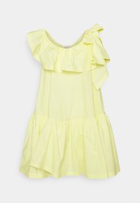 Robe sans manches jaune clair avec un col à volants et un nœud à l'épaule, dotée d'une jupe évasée et froncée.