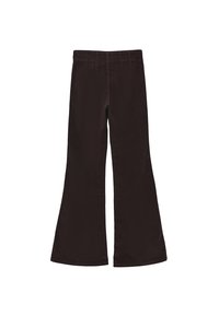 Brązowe spodnie w stylu dzwonów wykonane z miękkiego materiału, z wysokim stanem, dekoracyjnym przeszyciem w pasie i szerokimi nogawkami.