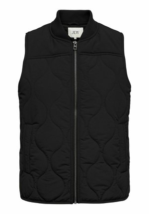 Gilet nero trapuntato senza maniche con cerniera frontale e tasche laterali, caratterizzato da un colletto a coste e un'etichetta del marchio JDY all'interno della scollatura.