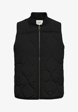 Veste sans manches matelassée noire avec fermeture éclair à l'avant et poches latérales, dotée d'un col côtelé et d'une étiquette de la marque JDY à l'intérieur du col.