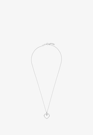 Sølv halskæde med en delikat kæde og et hjerteformet vedhæng med en lille, klar ædelsten øverst, minimalistisk design.