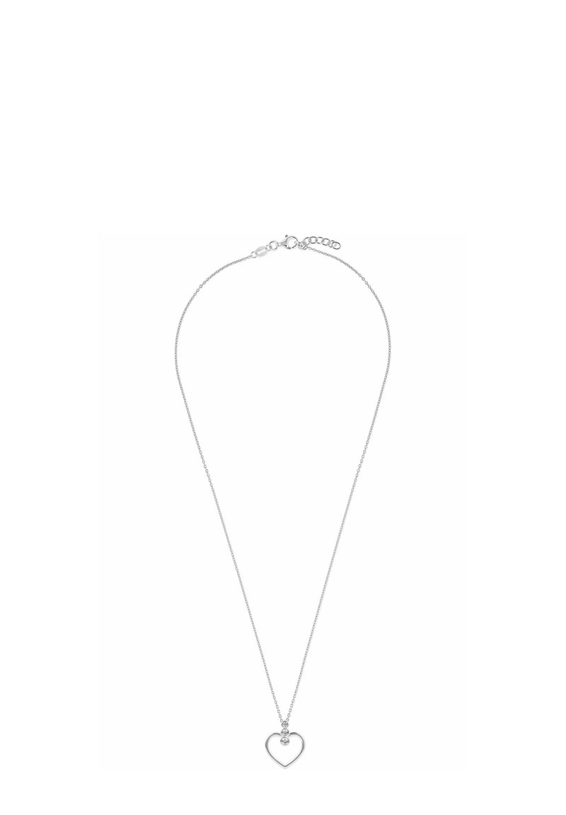 Silverhalsband med en delikat kedja och ett hjärtformat hänge som har en liten, klar ädelsten högst upp, minimalistisk design.