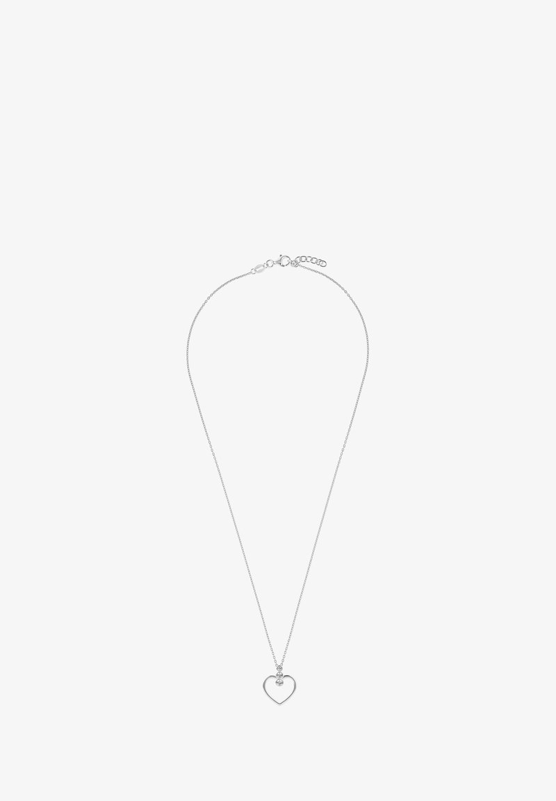 Silverhalsband med en delikat kedja och ett hjärtformat hänge som har en liten, klar ädelsten högst upp, minimalistisk design.