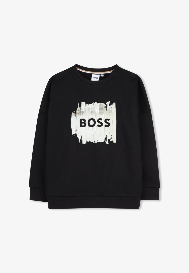 Melns sporta krekls ar lielu baltu otas sitienu dizainu un vārdu "BOSS" treknos melnos burtiem. Mīksts audums, brīvs piegriezums.